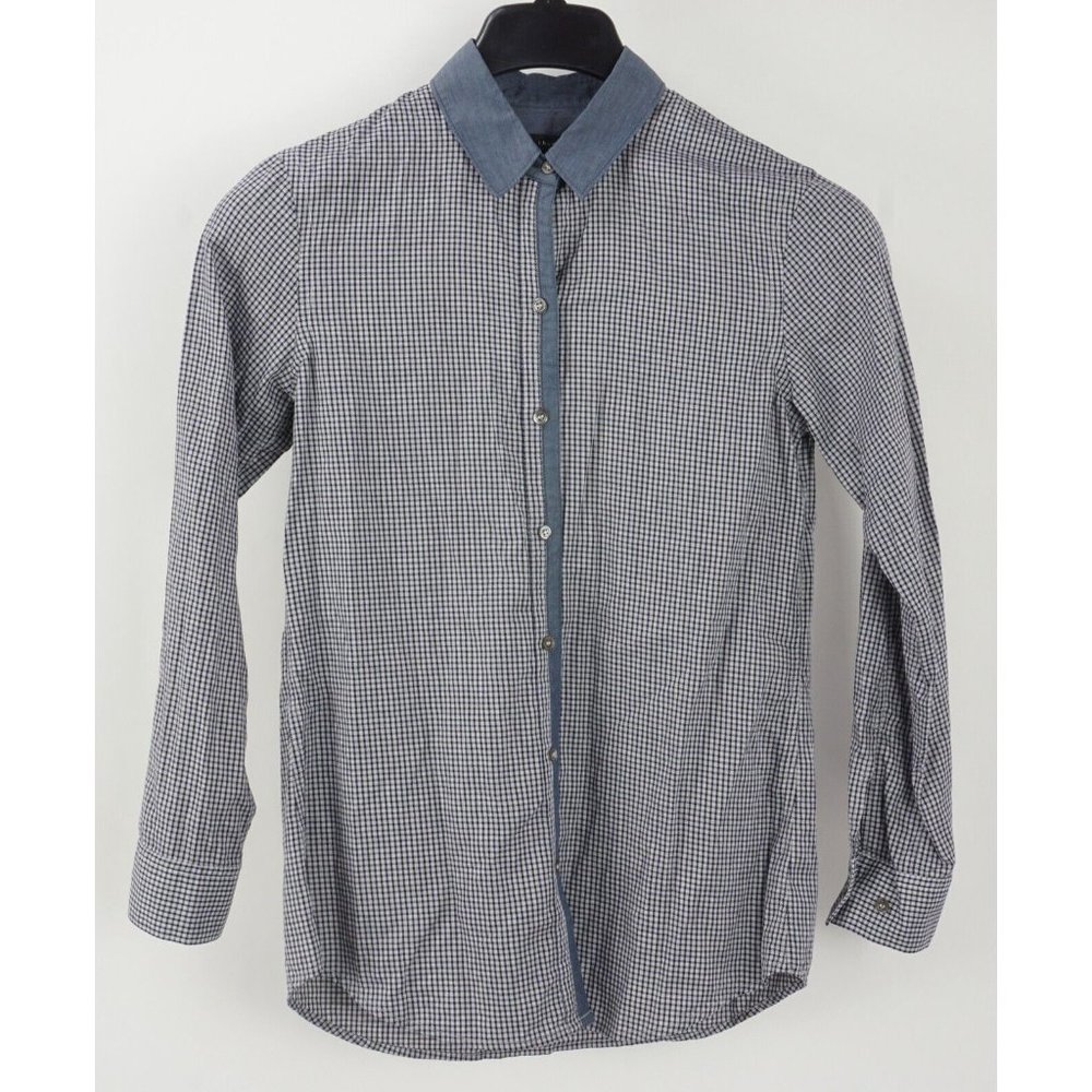 Theory Yasac Women's Small Long‎ Sleeve White Blue Twill Check Button Up Blouse